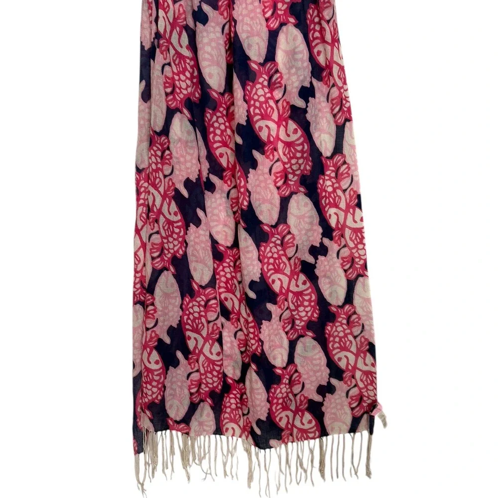 Lilly Pulitzer Murfee Scarf Pink Navy Blue Fish Print Silk Cashmere Coastal Prep
